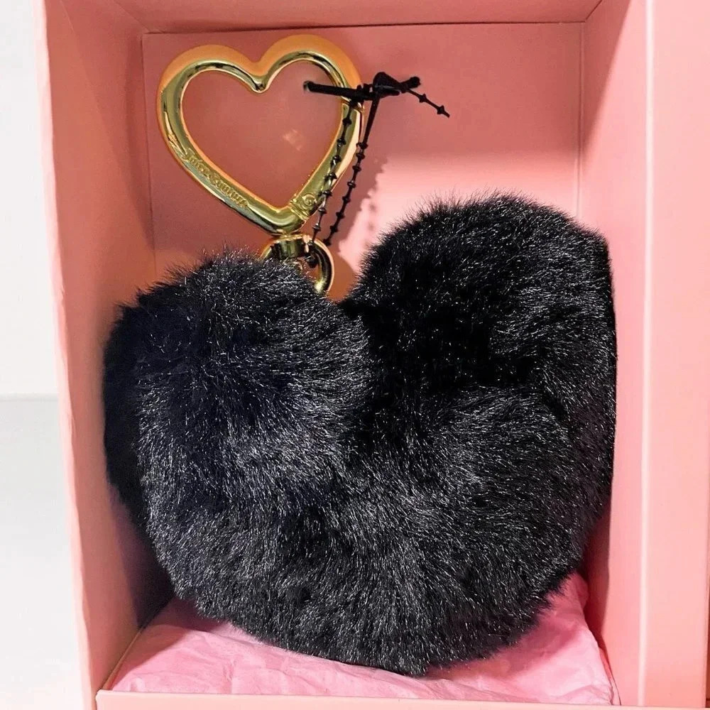 Juicy Couture Black Blossoms Heart Wristlet & Pom Pom Keychain Charm Gift Set - Picture 5 of 8